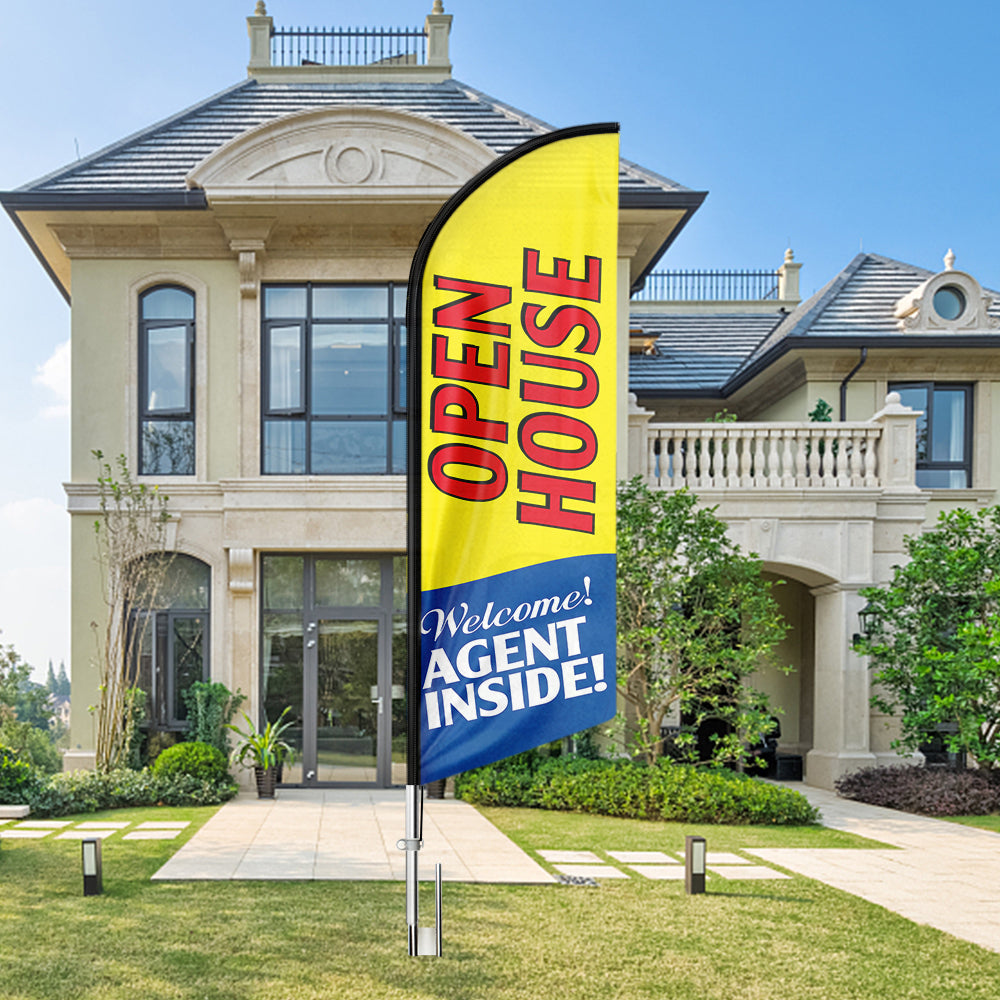 QSUM Open House Signs for Real Estate Agents Large, 11FT Swooper Open House Feather Flag Sign with Flagpole/Stainless Steel Ground Stake/Portable Bag, Open House Banner for Business (Red)