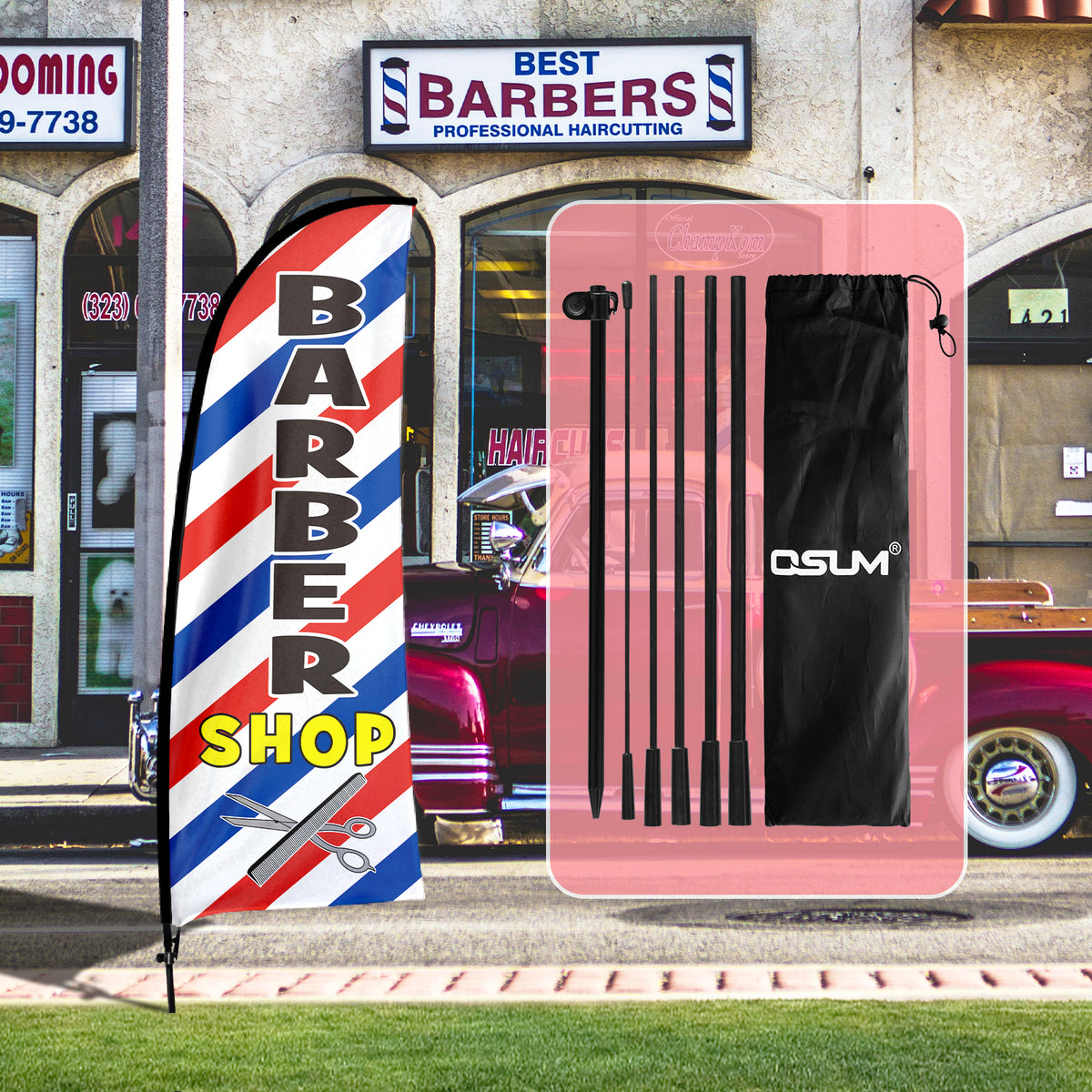 QSUM Barbershop Themed Swooper Flag, 7FT Barbershop Banner Feather Flag with Carbon Fiber Pole Kit/Ground Stake, Barbershop Signs for Business Advertising