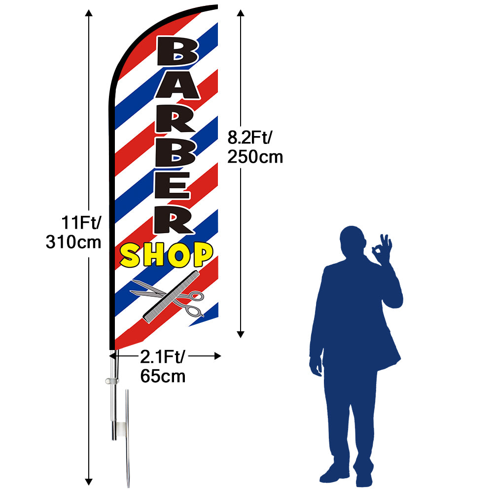 QSUM Barbershop Swooper Flag, 11FT Windless Barbershop Flags with Aluminum Alloy Poles/Stainless Steel Ground Stake/Portable Bag, Barbershop Flag for Business Advertising
