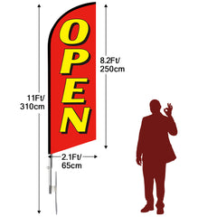 QSUM Open Swooper Flag, 11FT Windless Open Feather Flag with Aluminum Alloy Flagpole/Stainless Steel Ground Stake/Portable Bag, Open Signs for Business Advertising