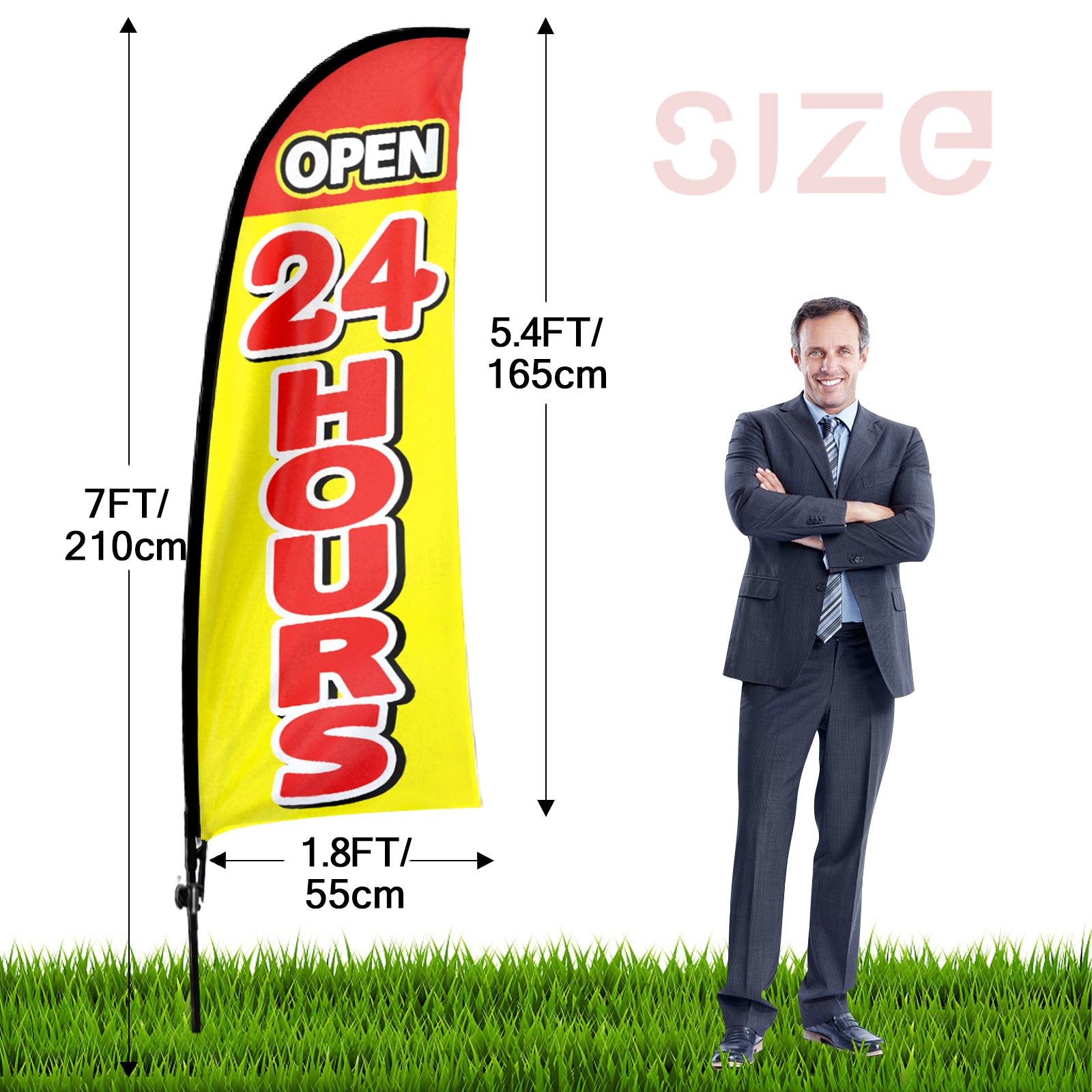 QSUM Open 24 Hours Yellow Themed Swooper Flag, 7FT Open 24 Hours Yellow Banner Feather Flag with Carbon Fiber Pole Kit/Ground Stake, Open 24 Hours Yellow Signs for Business Advertising