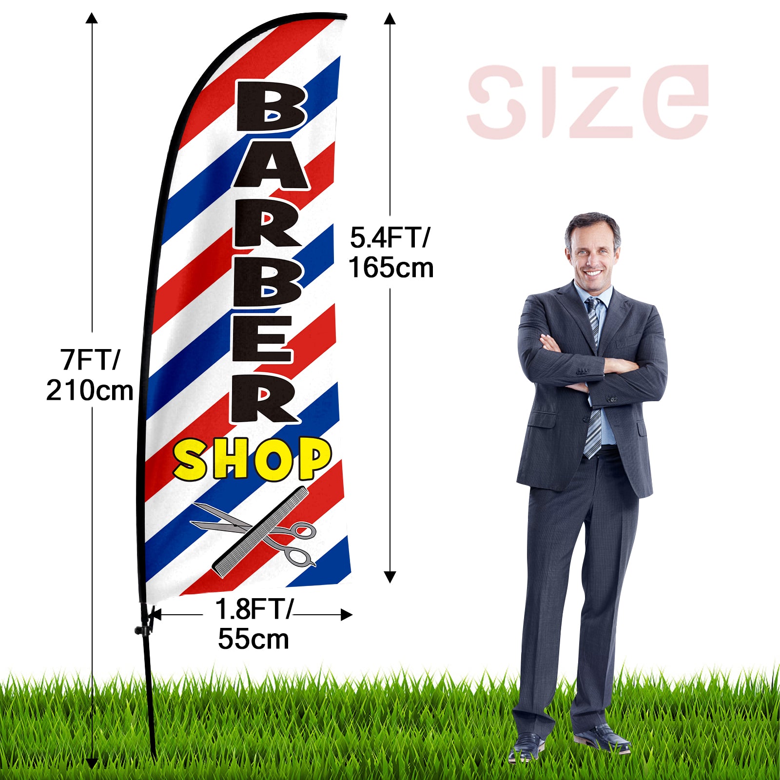 QSUM Barbershop Themed Swooper Flag, 7FT Barbershop Banner Feather Flag with Carbon Fiber Pole Kit/Ground Stake, Barbershop Signs for Business Advertising