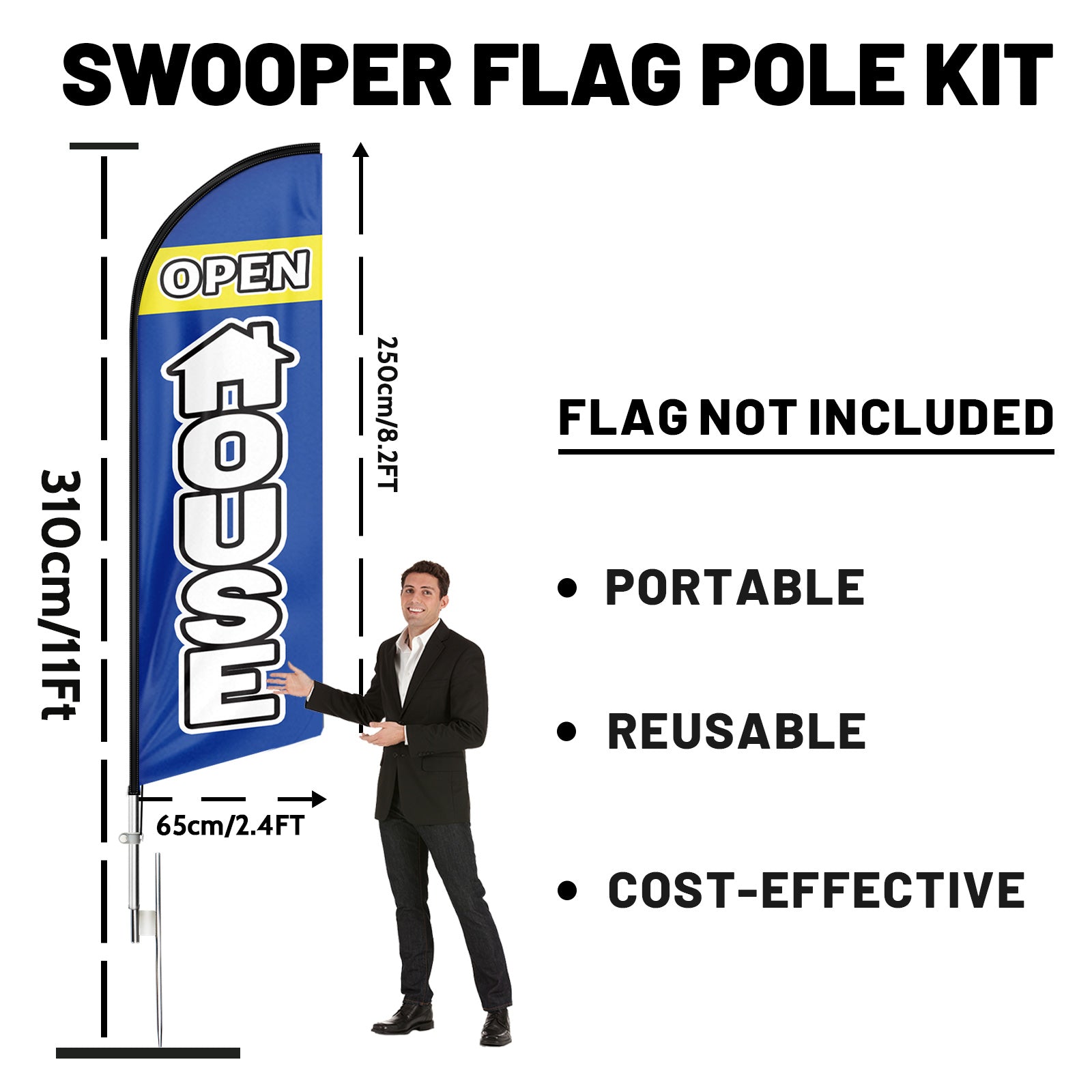 QSUM Feather Flag Pole Kit 11ft, Windless Swooper Flag Fits 8ft Feather Flags with Aluminum Alloy Flagpole, Ground Stake/Heavy Duty Base/Portable Bag
